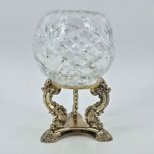 Godinger Shannon Crystal Rose Bowl with Gold Ornate Metal Stand Centerpiece